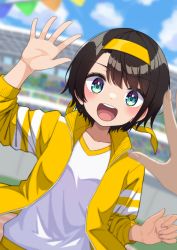 Rule 34 | 1girl, :d, absurdres, alternate costume, black hair, blue eyes, blush, commentary request, furuneo10, gym shirt, headband, highres, hololive, jacket, long sleeves, looking at viewer, oozora subaru, open mouth, shirt, short hair, smile, solo focus, swept bangs, teeth, track jacket, upper teeth only, virtual youtuber, waving, white shirt, yellow headband, yellow jacket