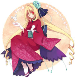 Rule 34 | 00s, 1girl, 2008, bad id, bad pixiv id, blonde hair, drill hair, furisode, hair ornament, japanese clothes, kimono, koto (colorcube), long hair, looking at viewer, melona (koto), mouse (animal), new year, obi, original, red eyes, sandals, sash, smile, solo, tabi, twin drills, twintails, yukata
