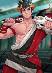 Rule 34 | 1boy, belt, black hair, blurry, blurry background, green eyes, hades (series), hades 1, heterochromia, highres, holding, holding sword, holding weapon, laurel crown, male focus, maorenc, muscular, muscular male, nipples, pectorals, short hair, single bare shoulder, skull, solo, sword, weapon, wreath, zagreus (hades)