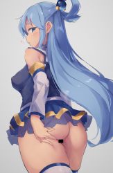 Rule 34 | 1girl, absurdres, aqua (konosuba), ass, back, bare shoulders, blue eyes, blue hair, blue shirt, blue skirt, blush, breasts, censored, detached sleeves, hair ornament, hair rings, highres, huge filesize, kono subarashii sekai ni shukufuku wo!, large breasts, long hair, looking at viewer, looking back, nitro (mugityaoisii), no panties, open mouth, shirt, skirt