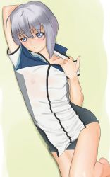 Rule 34 | 1boy, bad id, bad pixiv id, blue eyes, blush, clothes pull, collarbone, embarrassed, ernesti echevalier, grey hair, highres, hip focus, knight&#039;s &amp; magic, knight&#039;s and magic, legs, leotard, leotard under clothes, looking at viewer, lying, male focus, nipples, on side, see-through, shirow (mha03133), shirt pull, solo, sweat, thighs