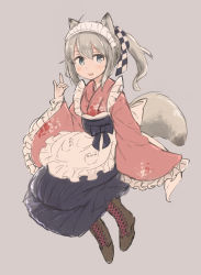 Rule 34 | 1girl, :3, animal ears, black skirt, blue eyes, boots, brown footwear, cross-laced footwear, fox shadow puppet, grey background, grey hair, highres, japanese clothes, kimono, long skirt, long sleeves, looking at viewer, maid, maid headdress, original, pink kimono, ponytail, simple background, skirt, smile, solo, tail, tsukiori, wa maid, wide sleeves