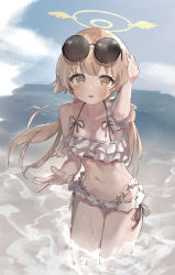 Rule 34 | 1girl, adjusting eyewear, arm cuffs, bikini, blue archive, blue sky, blush, breasts, brown eyes, brown hair, cloud, commentary request, epi zero, eyewear on head, frilled bikini, frills, halo, hifumi (blue archive), hifumi (swimsuit) (blue archive), highres, long hair, looking at viewer, navel, ocean, official alternate costume, open mouth, outdoors, sidelocks, sky, small breasts, solo, sunglasses, swimsuit, twintails, wading, white bikini