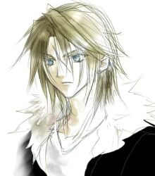 Rule 34 | 1boy, black jacket, blue eyes, brown hair, commentary request, expressionless, final fantasy, final fantasy viii, fur-trimmed jacket, fur trim, hinokami, jacket, lowres, male focus, medium hair, scar, scar on face, shirt, solo, squall leonhart, upper body, v-neck, white background, white fur, white shirt