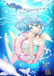 Rule 34 | 1girl, :d, air bubble, animal, ass, bare arms, bare legs, bare shoulders, barefoot, blue flower, blue hair, blush, bow, breasts, bubble, casual one-piece swimsuit, cleavage, colored eyelashes, commentary request, copyright request, day, dolphin, fish, flower, flower on liquid, frilled swimsuit, frills, full body, green eyes, hair ornament, hairclip, head tilt, highres, innertube, jh, long hair, looking at viewer, medium breasts, ocean, one-piece swimsuit, open mouth, outdoors, red bow, smile, solo, star (symbol), star hair ornament, striped, striped bow, sunlight, swim ring, swimsuit, underwater, very long hair, water, white bow, white one-piece swimsuit