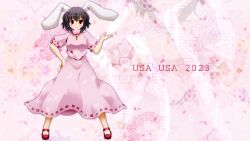 Rule 34 | 1girl, 2023, animal ears, black hair, blush, breasts, carrot necklace, chinese zodiac, closed mouth, commentary request, dress, floppy ears, frilled sleeves, frills, full body, hair between eyes, hand on own hip, highres, inaba tewi, jewelry, kii (mahoraba), long dress, looking at viewer, mary janes, necklace, new year, pink background, pink dress, puffy short sleeves, puffy sleeves, rabbit ears, rabbit girl, red eyes, red footwear, ribbon-trimmed dress, shoes, short hair, short sleeves, small breasts, smile, solo, standing, touhou, year of the rabbit, zoom layer