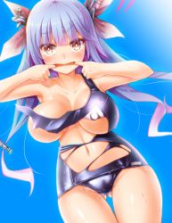 Rule 34 | 10s, 1girl, bad id, bad pixiv id, blue background, blue hair, blush, breasts, brown eyes, chromatic aberration, collarbone, cowboy shot, cyanomirahi, fang, female focus, finger in own mouth, gluteal fold, gradient background, gradient hair, hair ribbon, highres, i-19 (kancolle), kantai collection, large breasts, long hair, looking at viewer, md5 mismatch, multicolored hair, navel, open mouth, purple hair, ribbon, school swimsuit, solo, sweat, swimsuit, thigh gap, torn clothes, torn swimsuit, tri tails