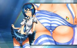 Rule 34 | 1girl, 7-tan, ass, blue eyes, blue hair, blue necktie, breasts, butt crack, clothes lift, collared shirt, copyright name, dimples of venus, glasses, hair ornament, hairband, hairclip, highres, long hair, looking at viewer, madobe nanami, matching hair/eyes, medium breasts, microsoft, microsoft windows, multicolored eyes, multiple views, navel, necktie, open clothes, open shirt, os-tan, panties, panty pull, parted lips, plaid, plaid skirt, pleated skirt, rainbow, school uniform, shirt, short hair, skirt, skirt lift, striped clothes, striped panties, striped thighhighs, thighhighs, trefoil, unbuttoned, unbuttoned shirt, underwear, wallpaper, wet, wet clothes, wet panties, white shirt, windows 7, zettai ryouiki