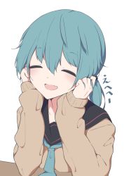Rule 34 | 1girl, :d, ^ ^, alternate costume, bad id, bad pixiv id, black sailor collar, blue hair, blue neckerchief, brown sweater, closed eyes, commentary request, facing viewer, giryu, hands on own cheeks, hands on own face, hatsune miku, long hair, long sleeves, neckerchief, open mouth, sailor collar, school uniform, simple background, sleeves past wrists, smile, solo, sweater, translation request, upper body, vocaloid, white background