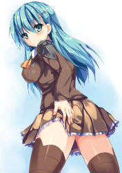 Rule 34 | 10s, 1girl, ascot, blue hair, blush, breasts, brown skirt, brown thighhighs, cowboy shot, frilled skirt, frills, from behind, green eyes, hair ornament, hairclip, hand on own ass, kantai collection, long hair, looking at viewer, pleated skirt, ryokushiki (midori-ya), school uniform, skirt, smile, solo, suzuya (kancolle), thighhighs