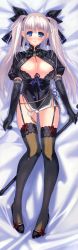 Rule 34 | 1girl, absurdres, bed sheet, black bra, black footwear, black gloves, black thighhighs, blue eyes, blush, bow, bra, breastless clothes, breasts, cleavage, corset, dakimakura (medium), elbow gloves, frills, full body, garter straps, gloves, grey hair, hair bow, high heels, highres, huge filesize, juliet sleeves, kyounetsuzanbun, lace, lace-trimmed legwear, lace trim, large breasts, legs, lingerie, long hair, long image, long sleeves, looking at viewer, lying, mabinogi, nao (mabinogi), nipple slip, nipples, open clothes, open shirt, puffy sleeves, shirt, shoes, solo, tall image, thighhighs, tsubomiito hime, twintails, underwear