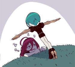 Rule 34 | 2others, ahoge, androgynous, black shorts, cliff, crystal hair, gem uniform (houseki no kuni), golden arms, grass, high heels, houseki no kuni, kuzudon, leaning forward, looking at another, looking up, multiple others, nail polish, open mouth, other focus, phosphophyllite, red nails, cinnabar (houseki no kuni), shorts, spoilers, t-pose, uniform