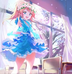Rule 34 | 10s, 1girl, 41y (yooichiwai), :d, ayase eli, bad id, bad pixiv id, blonde hair, blue eyes, chair, classroom, curtains, desk, dress, flower, highres, long hair, love live!, love live! school idol project, open mouth, ponytail, school, school desk, skirt, smile, solo, tree, wedtaro, window, yume no tobira