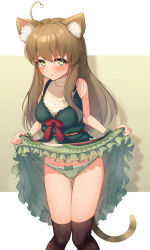 Rule 34 | ahoge, animal ear fluff, animal ears, argyle, argyle clothes, argyle legwear, bare arms, bare shoulders, blush, borrowed character, bow, bow panties, breasts, brown hair, cat ears, cat girl, cat tail, closed mouth, clothes lift, dress, dress lift, embarrassed, feet out of frame, frilled dress, frills, furrowed brow, gluteal fold, green dress, green eyes, green panties, heart, heart ahoge, highres, kamuchin soda, lace, lace-trimmed panties, lace trim, legs together, lifting own clothes, long hair, looking at viewer, medium breasts, over-kneehighs, panties, print panties, red bow, simple background, sleeveless, sleeveless dress, standing, straight hair, tail, thighhighs, underwear, wrist cuffs