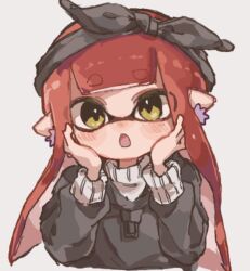 Rule 34 | 1girl, :o, black bow, black hairband, bow, bow hairband, commentary, cropped torso, hair bow, hairband, hands on own face, inkling, inkling girl, inkling player character, long hair, looking at viewer, nintendo, open mouth, red hair, simple background, solo, splatoon (series), upper body, white background, yellow eyes, yksb inc6