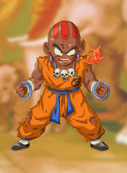 Rule 34 | 1boy, absurdres, capcom, crossover, dark-skinned male, dark skin, deka master, dhalsim, dragon ball, fire, fusion, highres, jewelry, kuririn, male focus, necklace, no nose, skull necklace, solo, street fighter, torn clothes