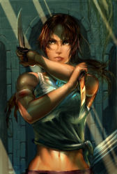 Rule 34 | 1girl, amulet, bandaged arm, bandages, blood, blue eyes, brown eyes, brown hair, combat knife, dual wielding, earth (planet), fighting stance, holding, jewelry, knife, lara croft, lips, long hair, matching hair/eyes, messy hair, midriff, navel, necklace, p!k@ru, pixiv tomb raider contest, planet, reverse grip, shirt, solo, tank top, tied shirt, tomb raider, tomb raider (reboot), toned, weapon