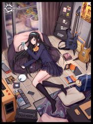 Rule 34 | 1girl, album cover, amplifier, bag, black border, black hair, blue eyes, book, border, carpet, cd, cd player, cellphone, closed mouth, commentary, computer, cover, curtains, earbuds, earphones, electric guitar, english commentary, flower pot, full body, gibson sg, guitar, guitar case, headband, highres, indoors, instrument, instrument case, ipad, kneehighs, laptop, long hair, long sleeves, lying, mole, mole under eye, mouse (computer), nintendo switch, on side, original, phone, pillow, poster (object), school uniform, socks, solo, tablet pc, title, window, wooden floor, yuzuriha (atelier liang)