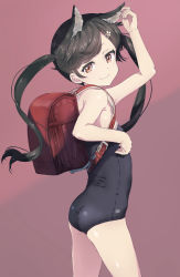 Rule 34 | 1girl, animal ears, ass, backpack, bag, bare shoulders, black hair, brown eyes, cat ears, extra ears, female focus, flat chest, hair ornament, hairclip, highres, looking at viewer, one-piece swimsuit, original, ozzzzy, purple background, randoseru, smile, solo, swimsuit, twintails