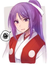 Rule 34 | 1girl, annoyed, arms at sides, asa (coco), bow, frown, grey background, hair bow, hair ribbon, japanese clothes, kimono, long hair, looking at viewer, meira (touhou), open mouth, ponytail, purple eyes, purple hair, ribbon, solo, spoken squiggle, squiggle, sweat, touhou, touhou (pc-98), upper body, white bow, white kimono, white ribbon