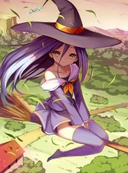 Rule 34 | 10s, 1girl, :&lt;, between legs, broom, broom riding, chess piece, collarbone, crazyodin, full body, hair between eyes, hand between legs, hat, highres, hill, house, long hair, long sleeves, looking at viewer, neckerchief, no game no life, no shoes, off shoulder, outdoors, path, pleated skirt, purple hair, purple thighhighs, road, school uniform, serafuku, shiro (no game no life), shirt, skirt, solo, thighhighs, v arms, white hair, witch hat, yellow eyes