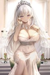 Rule 34 | 1girl, absurdres, bad id, bad twitter id, bare shoulders, blue eyes, blurry, blurry background, breasts, bridal veil, cleavage, closed mouth, collarbone, covered navel, dampi, dress, earrings, floral print, flower, hand on own chest, hand on own face, highres, indoors, jewelry, large breasts, long hair, looking at viewer, necklace, original, ring, silver hair, sitting, sitting on object, sleeveless, sleeveless dress, smile, solo, tiara, vase, veil, white dress