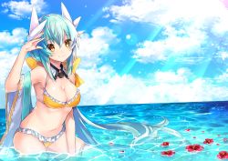 Rule 34 | 1girl, aqua hair, bikini, breasts, cloud, day, detached collar, detached sleeves, fate/grand order, fate (series), flower, hair ribbon, highres, horns, kiyohime (fate), kiyohime (swimsuit lancer) (first ascension) (fate), kneeling, large breasts, long hair, looking at viewer, navel, partially submerged, ribbon, sakofu, smile, solo, swimsuit, thighhighs, water, yellow eyes