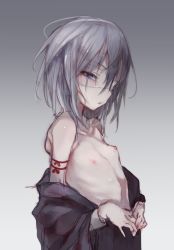 Rule 34 | 1boy, blue eyes, collarbone, expressionless, eyepatch, from side, gradient background, grey background, hair between eyes, jitome, littlered, looking at viewer, male focus, nipples, original, ribs, short hair, silver hair, sketch, solo, topless male, trap, upper body