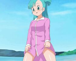 1girl animated aqua_hair blush bow bow_panties breasts bulma cameltoe dragon_ball dragon_ball_(classic) female_focus flashing goldmondsel green_eyes lake lifting_own_clothes light_blush navel no_bra one_eye_closed open_mouth panties side_ponytail smile solo tagme underboob underwear video white_panties