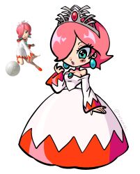 Rule 34 | 1girl, adapted costume, artist name, ball, blue eyes, blue gemstone, blush stickers, breasts, brooch, choker, cleavage, dot nose, dress, earrings, eyelashes, final fantasy, full body, gem, hair over one eye, hand up, highres, jewelry, lips, long dress, long sleeves, mario (series), mario basketball 3on3, mario sports mix, nintendo, off-shoulder dress, off shoulder, open hand, parted lips, pink hair, pink lips, princess, raranuki, red choker, red dress, short hair, simple background, small breasts, solo, standing, tiara, twitter username, two-tone dress, volleyball (object), white background, white dress, white mage (final fantasy), wide sleeves