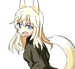 Rule 34 | 1girl, animal ears, blonde hair, blue eyes, blush, fox ears, fox tail, hatopoo (beach7pijon), jacket, open mouth, ottilie kittel, sketch, solo, strike witches, tail, white background, world witches series