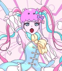 Rule 34 | armpits, bare shoulders, blue eyes, chouzetsusaikawa tenshi-chan, curly hair, dress, eencya, hair ornament, needy girl overdose, pink background, pixel art, puffy sleeves, simple background