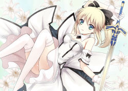 Rule 34 | 1girl, ahoge, artoria pendragon (all), artoria pendragon (fate), bad id, bad pixiv id, bare shoulders, blonde hair, bow, caliburn (fate), capcom, detached sleeves, dress, fate/stay night, fate/unlimited codes, fate (series), flower, gloves, green eyes, hair bow, harimoji, lily (flower), long hair, ponytail, saber (fate), saber lily, solo, sword, thighhighs, weapon, white thighhighs