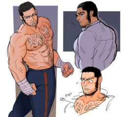 Rule 34 | 1boy, abs, ass, bandaged hand, bandages, bara, beard stubble, black hair, black pants, blush, chest hair, closed mouth, facial hair, flying button, foazycozy, golden kamuy, large pectorals, male focus, multiple views, muscular, muscular male, navel, navel hair, nipples, pants, pectorals, popped button, shirt, short hair, sideburns, smile, stubble, tanigaki genjirou, topless male, wardrobe malfunction, white shirt