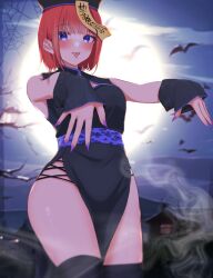 Rule 34 | 1girl, bare shoulders, bat (animal), black dress, black gloves, black headwear, black thighhighs, blue eyes, blue sash, blush, china dress, chinese clothes, cleavage cutout, clothing cutout, dress, fingerless gloves, full moon, gloves, go-toubun no hanayome, highres, jiangshi, kakato 0, looking at viewer, moon, nail polish, nakano nino, outdoors, outstretched arms, purple nails, reaching, sash, short hair, side slit, silk, solo, spider web, standing, thighhighs, thighs, tongue, tongue out, zombie pose