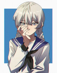 Rule 34 | 1boy, black neckerchief, blue background, blue sailor collar, braid, crossdressing, grey eyes, hand on own cheek, hand on own face, highres, juusan kihei bouei ken, kiliko-san, long hair, looking at viewer, male focus, neckerchief, okino tsukasa, sailor collar, school uniform, serafuku, simple background, solo, trap, twin braids, white hair, wig