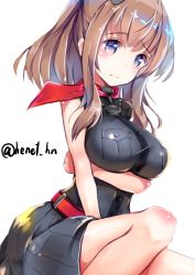 Rule 34 | 10s, 1girl, artist name, belt, breast pocket, breasts, brown hair, dress, grey eyes, hair between eyes, hair ornament, henet hene, kantai collection, large breasts, long hair, looking at viewer, neckerchief, pocket, ponytail, red neckerchief, saratoga (kancolle), side ponytail, smokestack, solo