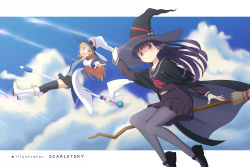 Rule 34 | 2girls, :d, above clouds, artist name, black headwear, black legwear, black skirt, blue eyes, blunt bangs, broom, broom riding, cloak, closed mouth, cloud, coat, commentary, day, english commentary, eyewear on headwear, fang, floating hair, gokou ruri, grey legwear, grey vest, hair ornament, hairclip, hand on headwear, hand up, hat, highres, jewelry, kousaka kirino, long hair, long sleeves, multiple girls, necklace, open clothes, open coat, open mouth, orange hair, ore no imouto ga konna ni kawaii wake ga nai, outdoors, outstretched arm, pantyhose, pleated skirt, purple eyes, purple hair, purple shirt, purple skirt, sailor collar, scarletsky, shirt, sitting, skirt, sky, smile, split mouth, sunglasses, thighhighs, tongue, uniform, v, vest, white coat, white headwear, witch, witch hat