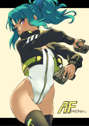 Rule 34 | 1girl, alice gear aegis, black jacket, black thighhighs, booth babe, breasts, cleavage cutout, clothing cutout, cowboy shot, green hair, gun, heattech leotard, high ponytail, jacket, leotard, long hair, looking at viewer, ponytail, purple eyes, ruri (pixky4323), small breasts, solo, takanashi rei, thighhighs, turtleneck, weapon, weapon request, white leotard