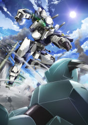 Rule 34 | arm slave (mecha), arx-7 arbalest, blurry, building, day, depth of field, dust, full metal panic!, glowing, glowing eyes, highres, humanoid robot, key visual, knife, mecha, mecha focus, no humans, official art, outdoors, pole, power lines, promotional art, robot, smoke, sun, utility pole, weapon