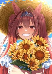Rule 34 | 1girl, absurdres, animal ears, blush, bouquet, brown hair, cloud, daiwa scarlet (umamusume), day, dress, endo (endoooo uma), flower, grin, hair intakes, hat, highres, holding, holding bouquet, horse ears, long hair, looking at viewer, outdoors, red eyes, smile, solo, straw hat, sunflower, sunlight, tiara, twintails, umamusume, upper body, white dress
