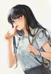 Rule 34 | 1girl, black hair, black skirt, blue eyes, bread, bread slice, buttons, collared shirt, commentary, food, hair between eyes, highres, holding, holding food, long hair, open mouth, original, school uniform, shirt, short sleeves, simple background, skirt, solo, symbol-only commentary, tanna, upper body, white shirt