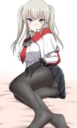 Rule 34 | 1girl, black gloves, black pantyhose, black skirt, blush, breasts, capelet, closed mouth, gloves, graf zeppelin (kancolle), grey hair, hair between eyes, kantai collection, large breasts, long hair, long sleeves, looking at viewer, military, military uniform, panties, panties under pantyhose, pantyhose, pleated skirt, sitting, skirt, solo, underwear, uniform, yomogi dango