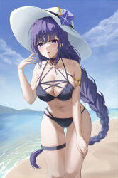 Rule 34 | 1girl, absurdres, armlet, bare arms, bare shoulders, beach, bikini, black bikini, black choker, braid, breasts, choker, cleavage, collarbone, day, flower, genshin impact, halterneck, hand on own thigh, hand up, hat, hat flower, highres, large breasts, leaning forward, long hair, looking at viewer, moko (jw7436), mole, mole on breast, mole under eye, multi-strapped bikini bottom, multi-strapped bikini top, nail polish, navel, open mouth, outdoors, purple eyes, purple hair, raiden shogun, single braid, solo, standing, stomach, string bikini, sun hat, swimsuit, thigh strap, thighs, very long hair, water, wet, white hat