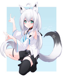 Rule 34 | 1girl, absurdres, ahoge, animal ear fluff, animal ears, aqua eyes, arm garter, black shorts, black thighhighs, blue background, blush, braid, closed mouth, dated, detached sleeves, fox ears, fox girl, fox shadow puppet, fox tail, gashitani, gradient background, hair between eyes, highres, hololive, long hair, looking at viewer, low ponytail, navel, outside border, pentagram, ponytail, raised eyebrows, shirakami fubuki, shirakami fubuki (1st costume), shorts, side braid, side slit, signature, single thighhigh, smile, solo, squatting, tail, thigh strap, thighhighs, virtual youtuber, white hair, white sleeves, wide sleeves