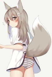 Rule 34 | 1girl, animal ears, ass, belt, brown eyes, brown hair, clothes lift, commentary request, dress, dress lift, fox ears, fox tail, highres, lifted by tail, long hair, looking back, original, panties, ryu narb, short dress, short sleeves, simple background, solo, striped clothes, striped panties, tail, underwear, white dress