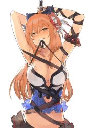 Rule 34 | 1girl, arms up, asymmetrical clothes, bad id, bad twitter id, blush, breasts, cleavage, collarbone, cosplay, girls&#039; frontline, granblue fantasy, green eyes, grin, large breasts, long hair, looking at viewer, orange hair, smile, solo, springfield (girls&#039; frontline), swimsuit, very long hair, vira (granblue fantasy), vira (granblue fantasy) (cosplay), xixih13