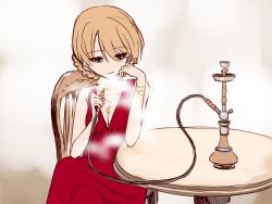 Rule 34 | 10s, 1girl, bad id, bad twitter id, black eyes, braid, breasts, cleavage, commentary, crossed legs, darjeeling (girls und panzer), dress, elbow rest, formal, girls und panzer, head rest, highres, holding, hookah, inactive account, jewelry, medium breasts, necklace, red dress, sabaku chitai, short hair, sitting, sleeveless, sleeveless dress, smoke, smoking, solo, table, twin braids, wooden chair, wooden table