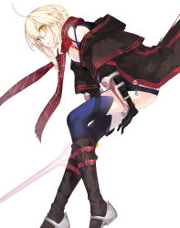 Rule 34 | 1girl, ahoge, artoria pendragon (all), artoria pendragon (fate), black-framed eyewear, black gloves, black thighhighs, blonde hair, blue thighhighs, elbow pads, fate/grand order, fate (series), from side, gloves, highres, jacket, la-na, looking at viewer, looking to the side, mysterious heroine x alter (fate), mysterious heroine x alter (first ascension) (fate), mysterious heroine x alter (third ascension) (fate), off shoulder, parted lips, plaid, plaid scarf, saber (fate), scarf, solo, thighhighs, yellow eyes