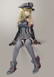 Rule 34 | 1girl, absurdres, ankle boots, arms at sides, bare shoulders, bismarck (kancolle), black panties, blonde hair, blue eyes, boots, breasts, brown gloves, closed mouth, collar, detached sleeves, expressionless, gloves, gradient background, grey background, grey footwear, grey hat, grey thighhighs, grey vest, hat, highres, invisible chair, kangoku kou, kantai collection, lips, long hair, long sleeves, looking away, looking to the side, medium breasts, no pants, panties, peaked cap, pocket, sideboob, sitting, solo, straight hair, thighhighs, twitter username, underbust, underwear, vest